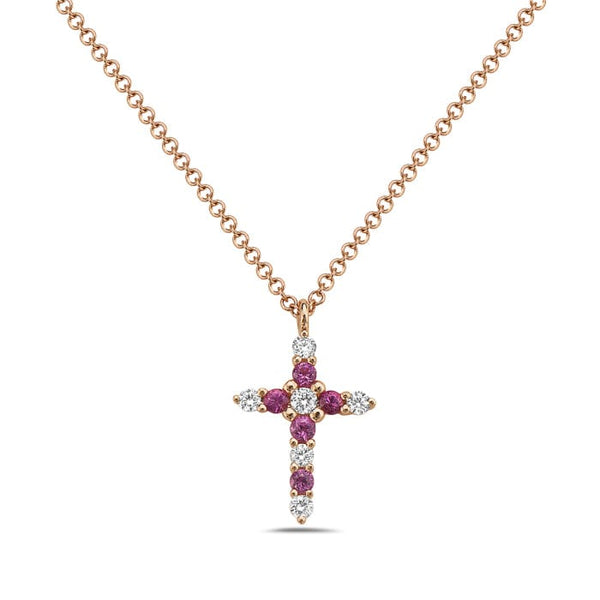 Bassali Necklaces 14K Rose Gold Pink Sapphire & Diamond Cross Necklace